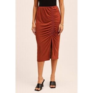 Green Envelope Womens Rust Orange Midi Skirt Elastic Waist Ruched Leg Slit Prepp